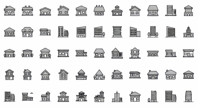 Collection of various building icons in a grid layout.