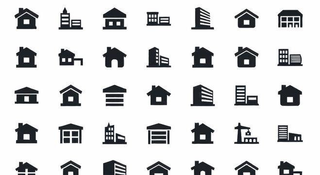 Collection of diverse building icons representing various architectural styles and structures.