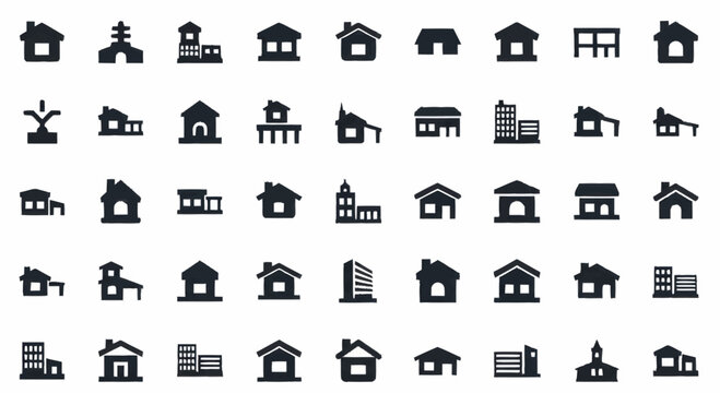 Collection of diverse building and house icons for real estate or city planning.
