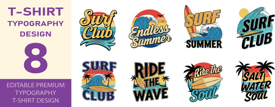 Summer surf typography collection with ocean waves and sunset beach.