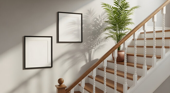 Staircase with two blank picture frames on wall and plant