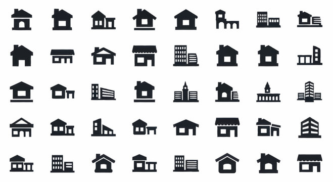 Black and white house buildings icons.