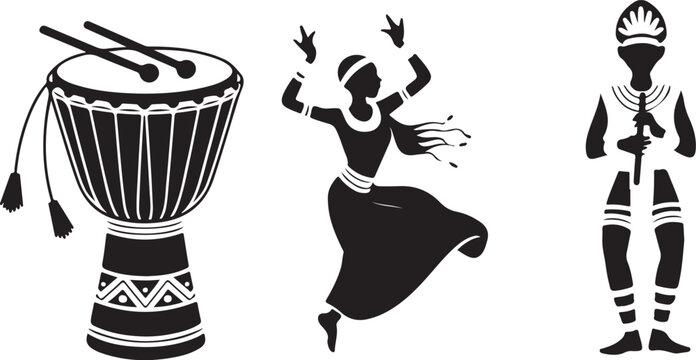 Silhouette vector of  tribal dancers and musicians playing drums.  Drum, Dancer and Flute Player Illustration 