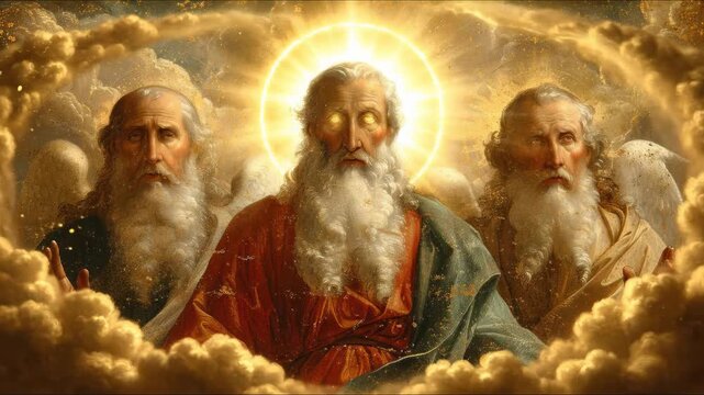 Pentecost Eve divine communion three ancient fathers in radiant glory surrounded by celestial clouds, representing the Holy Trinity concept.
