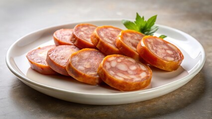Fototapeta premium A photo of a crispy fried slice of Chinese pork sausage arranged neatly on a white plate The goldenbrown exterior contrasts with the slightly pink i