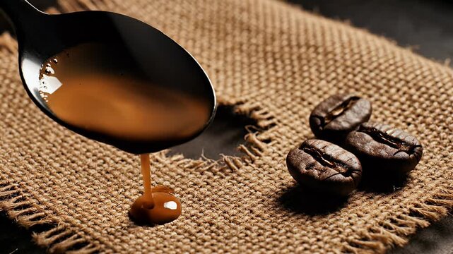 A close-up shot showcases a spoon filled with coffee liquid alongside three roasted coffee beans resting on a textured burlap surface, creating a warm and inviting aesthetic.