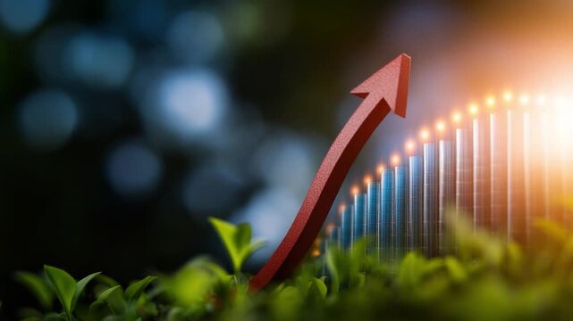 Financial Growth Symbol: A vibrant red arrow ascends against a backdrop of fresh, green foliage and an illuminating light, symbolizing financial growth and positive momentum.