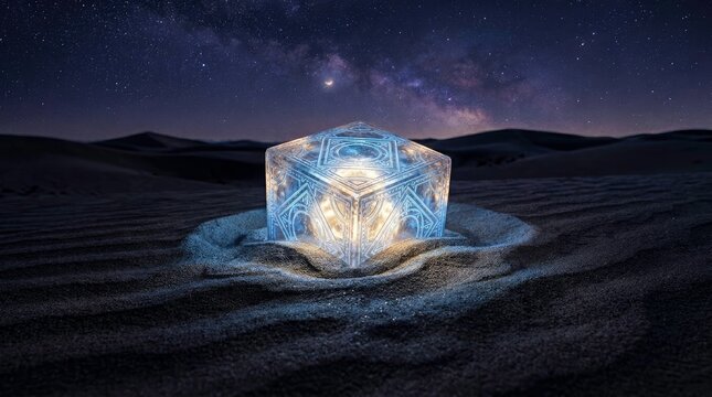 Abstract futuristic cube in desert at night under starry sky, alien landscape
