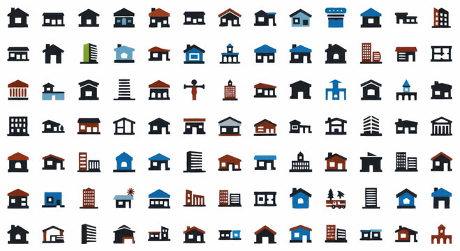 Collection of diverse building icons representing various architectural styles.