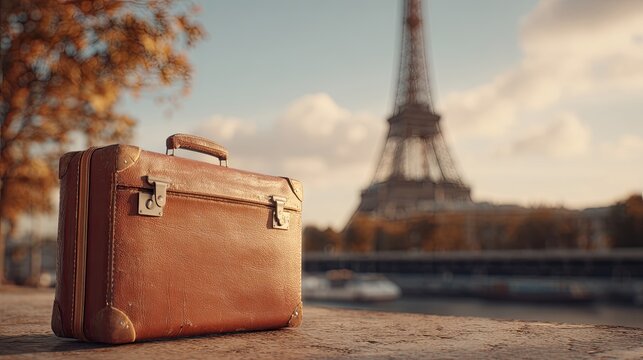 A vintage leather suitcase resting on a ledge with the Eiffel Tower blurred in the background under a soft, warm sky.