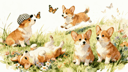 Obraz premium Cute Run Corgi Puppies in Meadow isolated watercolor vector illustration svg