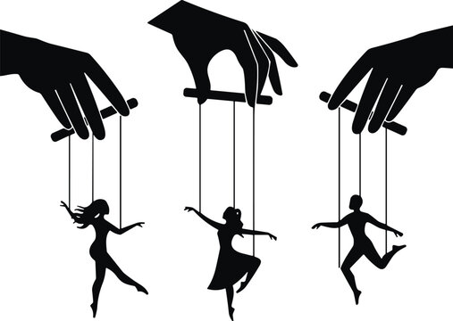 Black and white silhouette illustration of puppet dancers controlled by master hands with strings on white background for control concept,