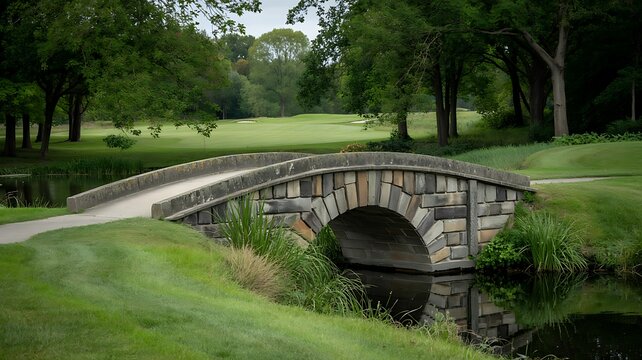 Stone bridge over small river in green park landscape with trees grass and calm nature scenery