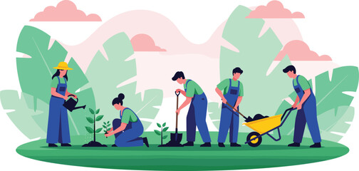 Fototapeta premium Group of People Planting Trees and Gardening in a Green Landscape for Environmental Care