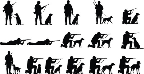 Black and white silhouette of fifteen hunters and hunting dogs in shooting and tracking poses for outdoor sport and nature design, © Baizid