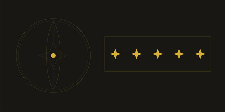 Gold geometric celestial symbols and five stars on dark background