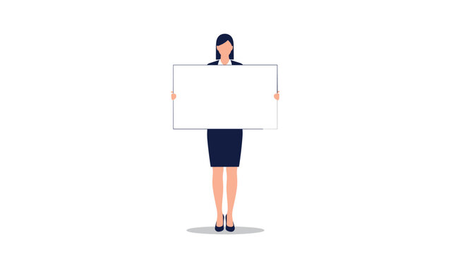 Professional businesswoman in a formal suit holding a large blank white board for your message or advertisement on white.