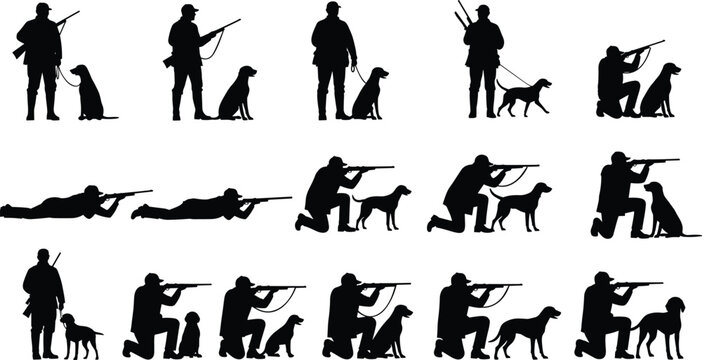 Black and white silhouette of fifteen hunters and hunting dogs in shooting and tracking poses for outdoor sport and nature design,