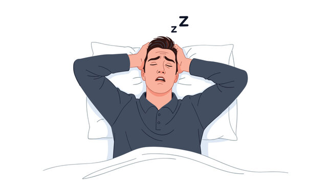 Man lying in bed experiences a stressful nightmare or insomnia while clutching his head with a pained expression.