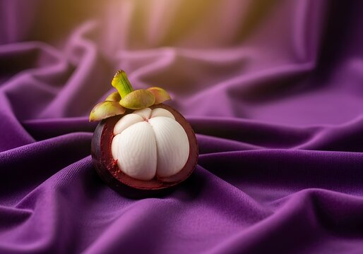 Half sliced mangosteen showing white flesh on elegant purple silk cloth