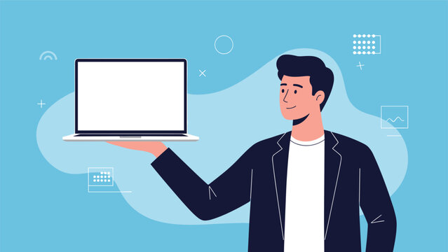 Stylish man in a jacket holding a laptop computer on the palm of his hand while presenting digital technology concepts.