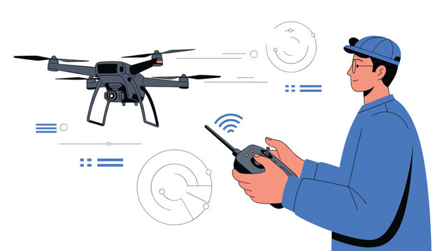 Technical specialist in a blue uniform operating a high-tech drone using a remote control with digital interface icons.