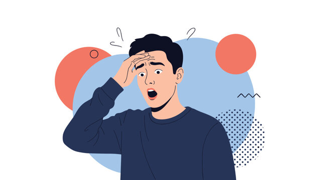 Young man touching his forehead with a shocked and worried expression as if he suddenly remembered a very important forgotten task.