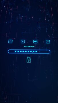 Digital Password Interface Digital Password Interface for product demos, app intros, security explainers, broadcast rim lighting, circuit subtle particle motion for a high-tech, polished visual 3D 4K