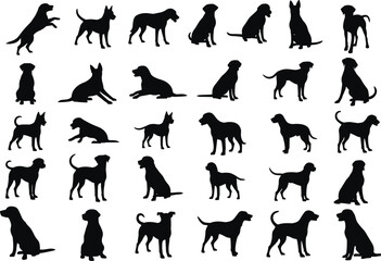 Fototapeta premium Black dog silhouettes collection, various breeds in grid pattern, canine poses, sitting, running, leaping, puppy icons, red paw logo, vector set.
