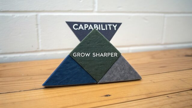 Conceptual representation of personal growth through geometric shapes and text on wood background, symbolizing capability enhancement and development journey