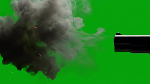 A close-up shot depicts a firearm discharging a burst of bright muzzle flash and debris against a vibrant green screen background, ideal for visual effects.