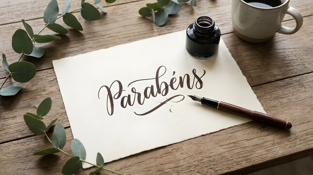 Elegant calligraphy of ""Parab?ns"" with fountain pen ink bottle and eucalyptus sprigs