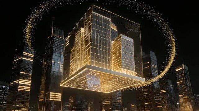 Futuristic city with digital building projection