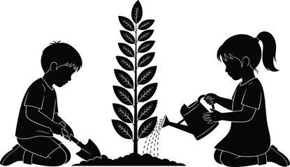 PrintBlack silhouette of children gardening together, boy with shovel and girl with watering can planting tree, nature education for kids. © Baizid