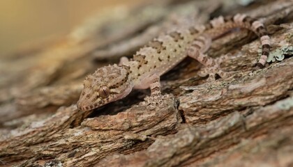 Obraz premium Detailed view of a camouflaged gecko with rough skin blending into textured tree bark.