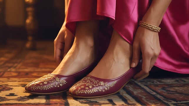 Traditional indian woman wearing ethnic jutti shoes with embroidered design cultural fashion close up