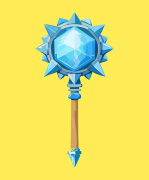 Ornate blue crystal scepter with gold handle for fantasy royalty character weapon and magical ice mage equipment game prop design for mobile apps
