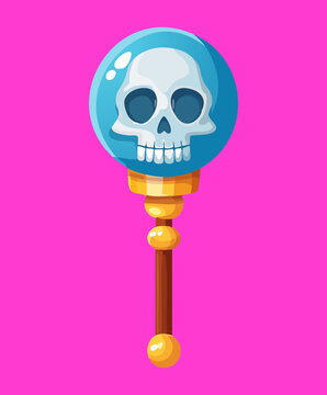 Purple magic staff with blue glowing skull for shadow mage character weapon and necromancy spell prop design for fantasy adventure rpg games