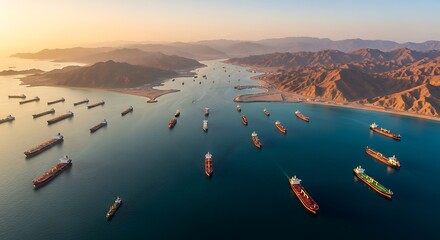 Naklejka premium Large Oil Tanker Fleet in Coastal Waters During Golden Hour