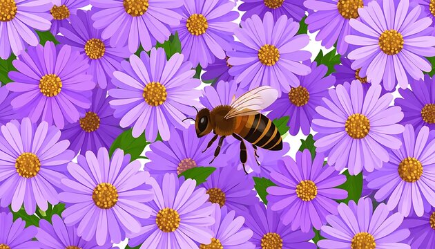 A bee flies among vibrant purple flowers with yellow centers
