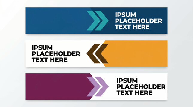 A graphic design template featuring three colorful text banners with placeholder text and arrow graphics for presentations or infographics