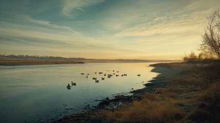 Fototapeta premium Tranquil river scene with swans at dusk, golden light reflecting on water