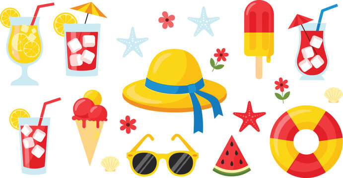 Summer beach elements collection with drinks ice cream sunglasses hat watermelon and tropical vacation accessories colorful vector illustration set