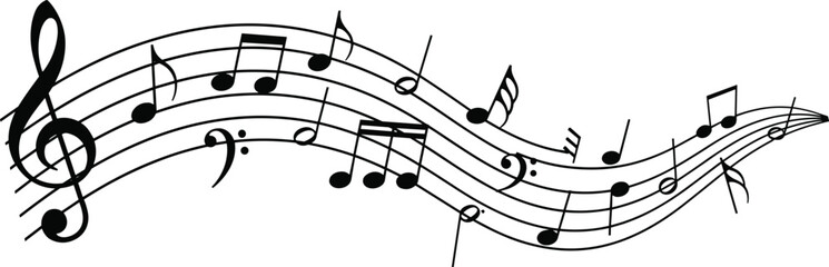 Flowing musical notes on curved staff line with treble clef, black and white melody wave, minimalist music vector background, artistic song. © Baizid