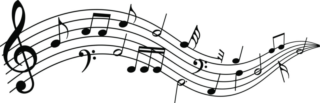 Flowing musical notes on curved staff line with treble clef, black and white melody wave, minimalist music vector background, artistic song.