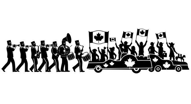 Canadian flag waving people on a car with marching band