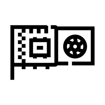 Graphics card component with a central processor chip and cooling fan representing powerful computing, visual processing capabilities, and digital technology