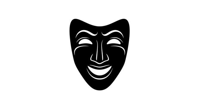 A black and white image of a comedy mask