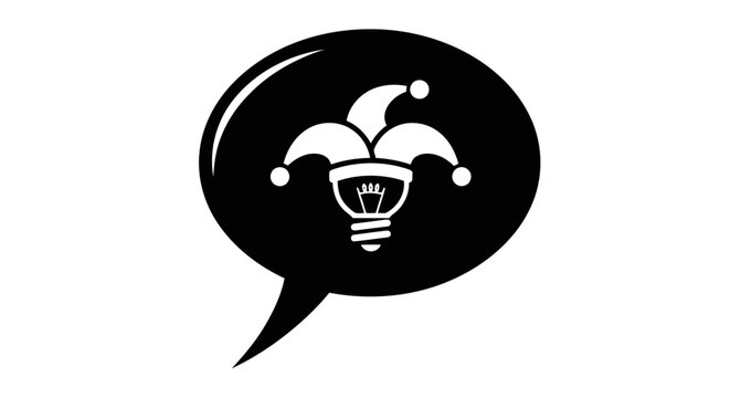 A black and white image of a light bulb with a jester hat