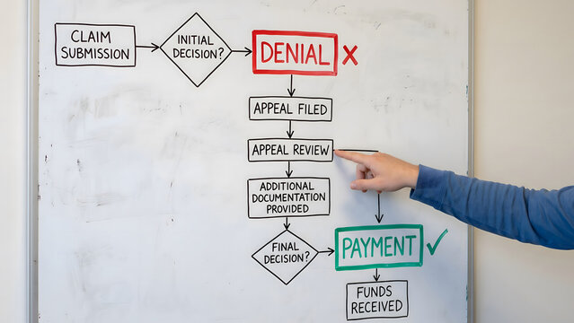 Claims appeal workflow diagram denial to payment process USA medical billing appeal review flowchart
